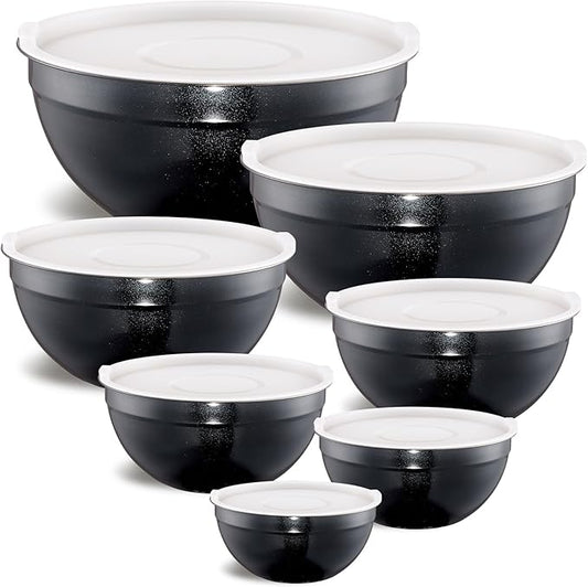 Black Mixing Bowls with Airtight Lids, Stainless Steel Nesting Mixing Bowls Set of 7, Ideal for Baking, Prepping and Serving Food, Size 7, 3.6, 2.7, 2.1, 1.5, 1.1,0.8 QT, Stackable Design