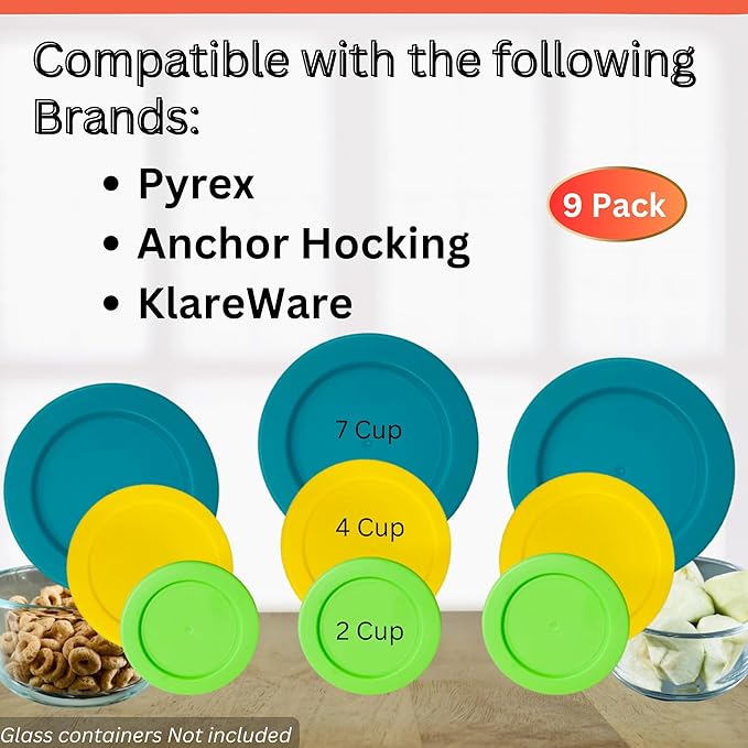 2, 4 & 7 Cup Spring Green, Yellow, Turquoise Replacement Lids/Covers for Pyrex, Anchor Hocking & KlareWare Storage Bowls *Lids Only Glass Container Not Included* (9 Pack *Three of Each Size*)