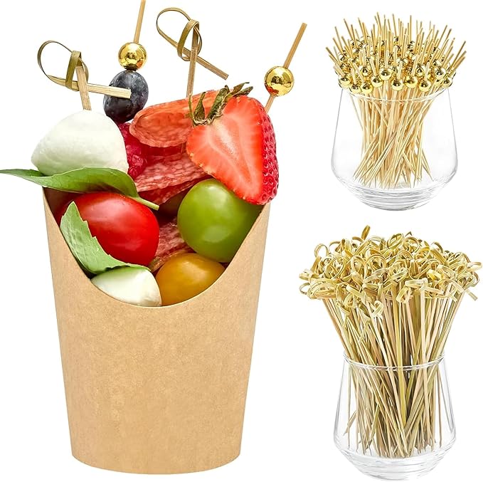 100 Sets 8 oz Small Charcuterie Cups with Sticks, Disposable Kraft Paper Charcuterie Boxes French Fry Holder Individual Appetizer Serving Cup (100 Cups + 400 Cocktail Picks)