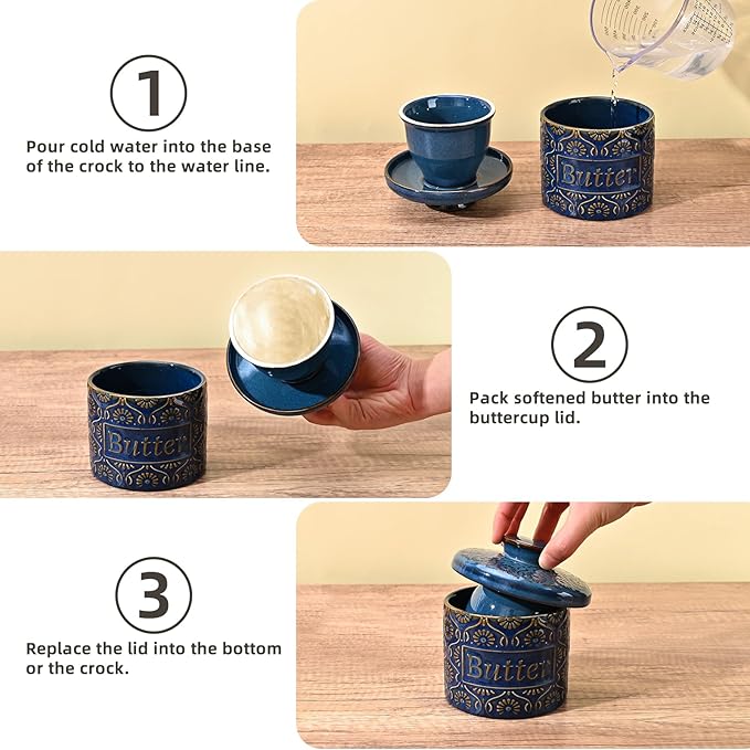 Butter Crock, Ceramic French Butter Dish with Lid for Countertop, Butter Keeper with Water Line for Fresh Spreadable Butter (Vintage Blue)