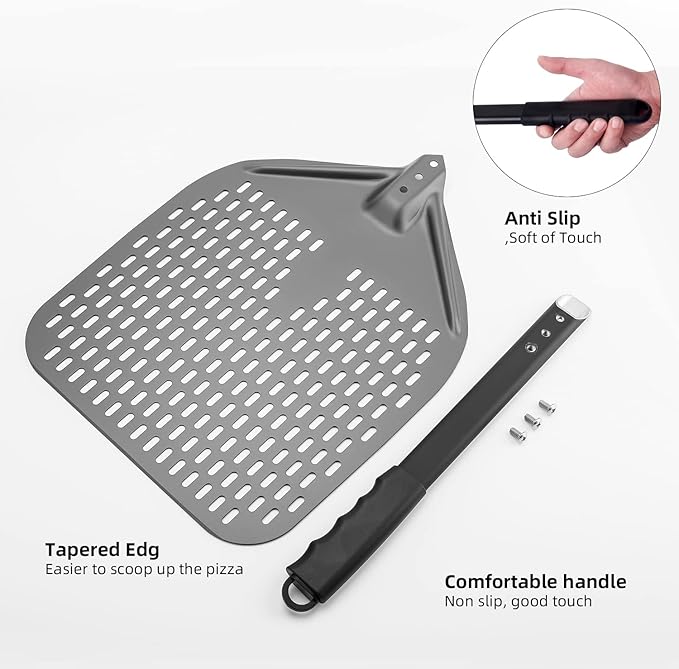 Perforated Pizza Peel, Professional 12 x 14 Inch Paddle Anodized Aluminum Turning Peel with Detachable Alloyed Handle for Home Made Pizza