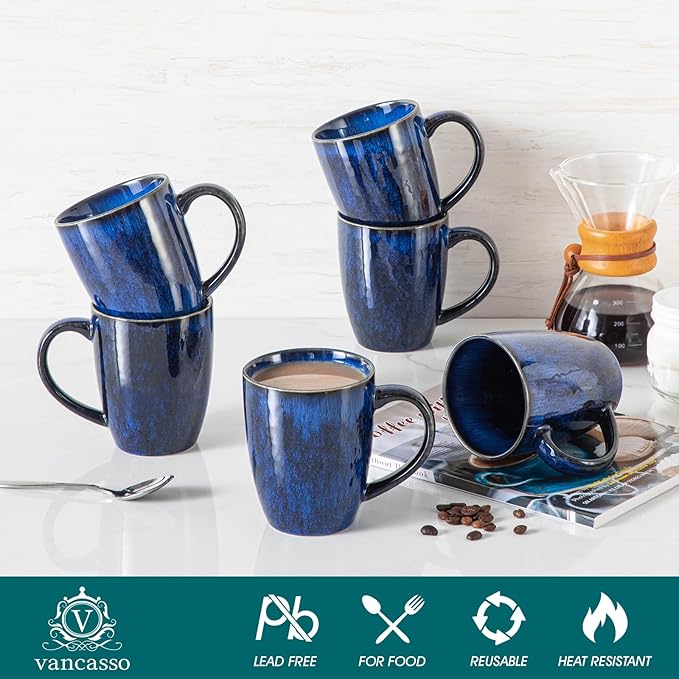 vancasso STARRY Ceramic Coffee Mug Set of 6, 16 Oz Tea Cups with Handle for Latte, Tea, Cappuccino, Milk, Cocoa, Microwave&Dishwasher Safe, Blue