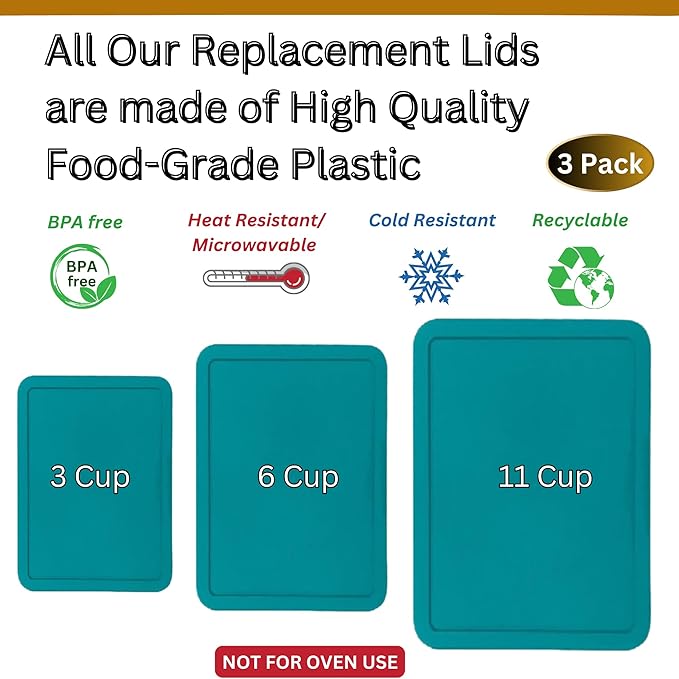 3, 6 & 11 Cup Turquoise Replacement Lids/Covers for Pyrex, Anchor Hocking & KlareWare Storage Bowls *Lids Only Glass Container Not Included* (3 Pack *One of Each Size*)