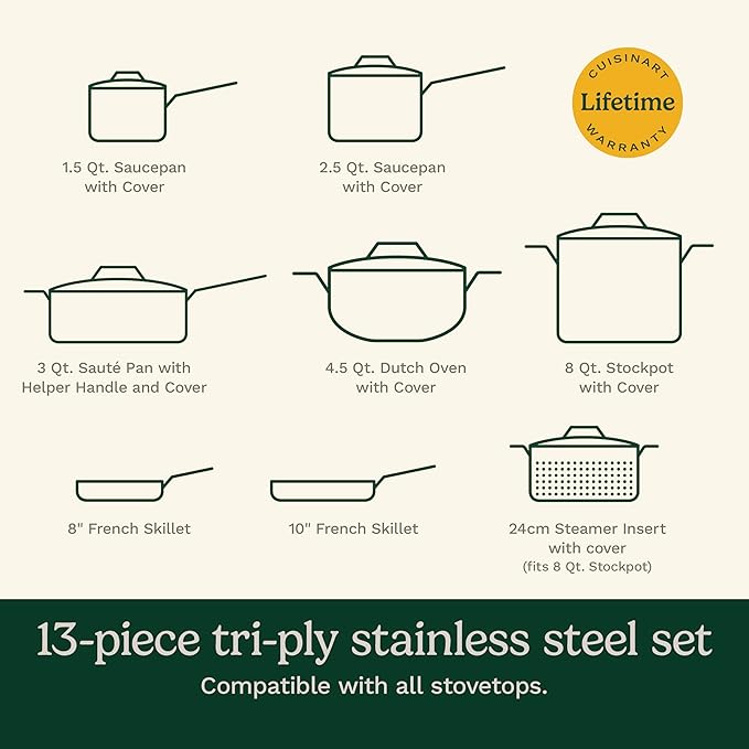 Cuisinart FCT-13 13-Piece Cookware Set French Classic Tri-Ply, Silver