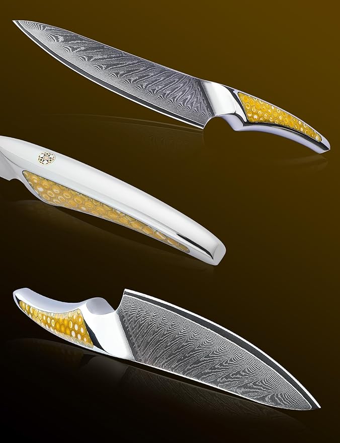 5 inch Utility Knife, Japanese VG-10 Damascus Steel Kitchen Knife, Ultra Sharp Fruit Knife with Full-tang Handle in Yellow Resin, LA-S9 Series