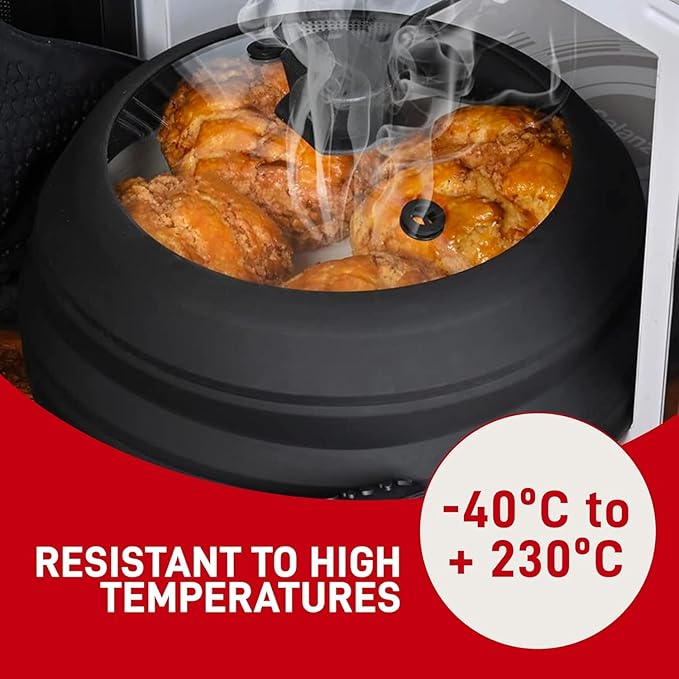 Microwave Splatter Cover Glass 11.8 Inch - Collapsible Microwave Splatter Cover for Plate & Bowl - Tempered Glass Top, Food-Grade Silicone Dome with Heating Vents & Heat-Safe Handle (BLACK)