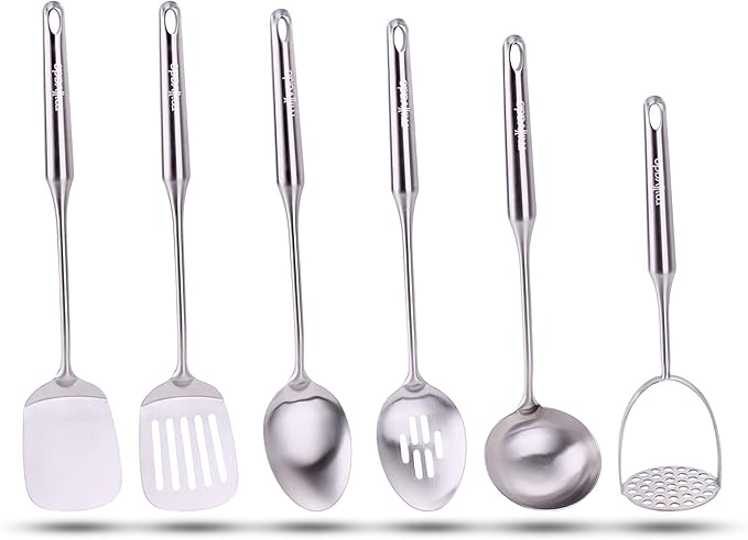 Stainless Steel Kitchen Utensil Set, Cooking Utensils, Set of 6 Kitchen Tools, Solid Spoon, Slotted Spoon, Solid Turner, Slotted Turner, Soup Ladle, Potato Masher, Dishwasher Safe