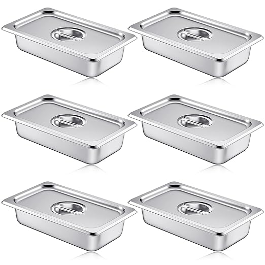 Mifoci Stainless Steam Hotel Pan with Lid, 2-1/2 Inch Deep Steam Table Pan Restaurant Supplies Reusable Anti Rust Catering Storage for Home, Party, Restaurant, Hotel, Buffet(6 Sets,1/4 Size)