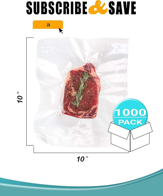 APQ Pack of 1000 Co-Extruded Vacuum Pouches, Clear 10 x 10. Vacuum Food Bags 10x10. Thickness 3 mil. Polyethylene Bags for Packing and Storing. Perfect for Industrial, Food Service.