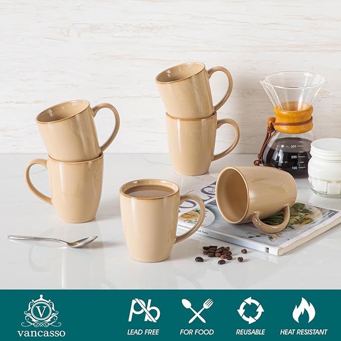 vancasso PLAYA Ceramic Coffee Mug Set of 6, 12 Oz Tea Cups with Handle for Latte, Tea, Cappuccino, Milk, Cocoa, Microwave&Dishwasher Safe, Brown