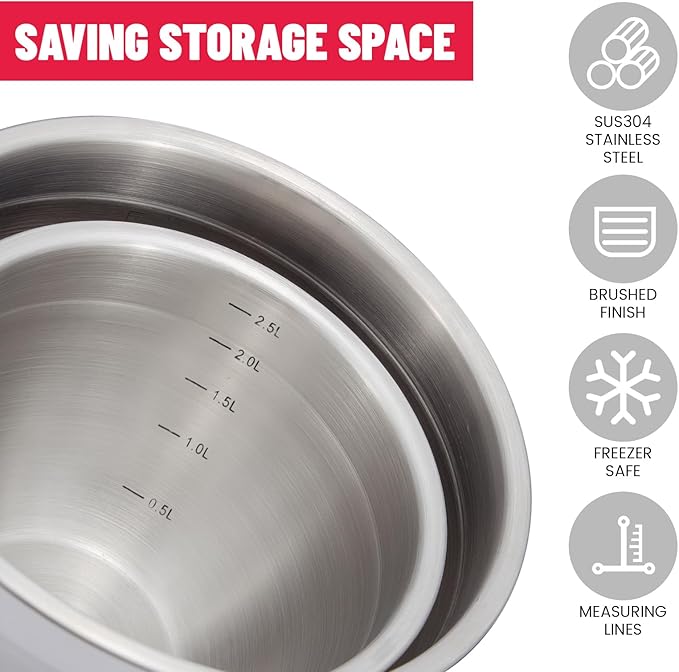 MARSKITOP Stainless Steel Mixing Bowls with Lids Set, Nesting Mixing Bowls with Airtight Lids, Measurement Marks and Red Non-Slip Bottoms, Great for Mixing and Serving, 3QT & 5QT