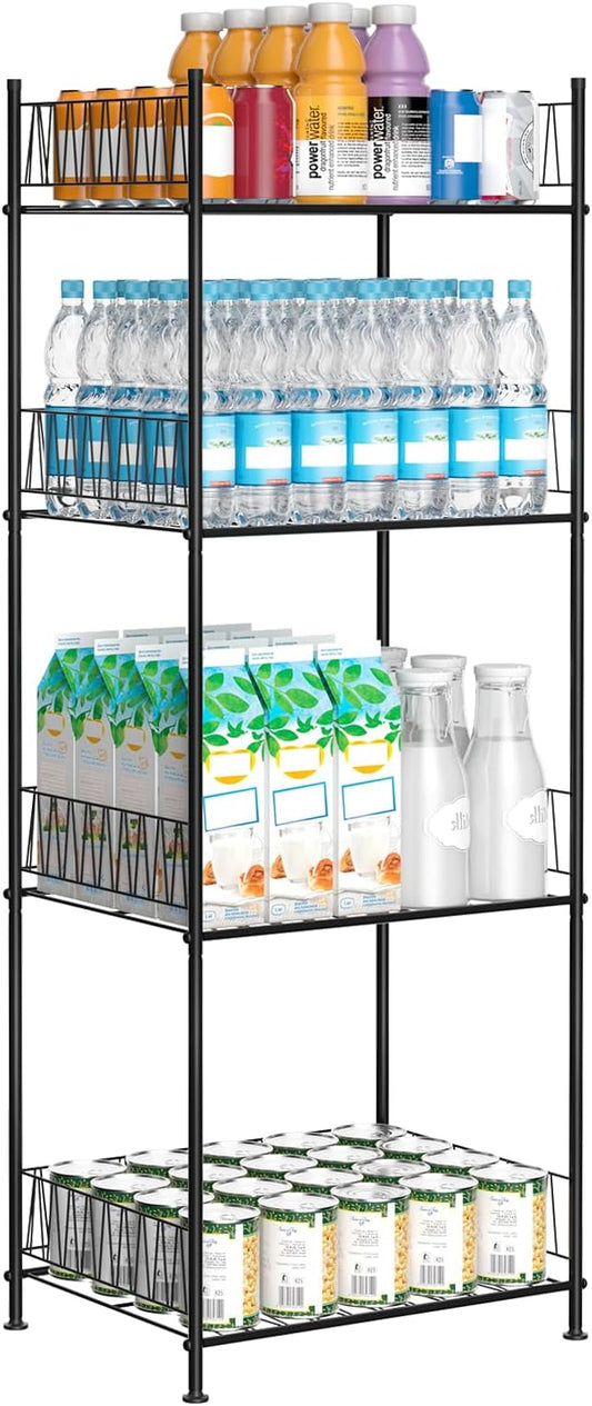 smusei Water Bottle Storage Rack 4 Tier Freestanding Floor Bottled Water Organizer Shelf Large Capacity Metal Beverage Soda Can Drink Holder Stand for Pantry Kitchen Living Room, Black
