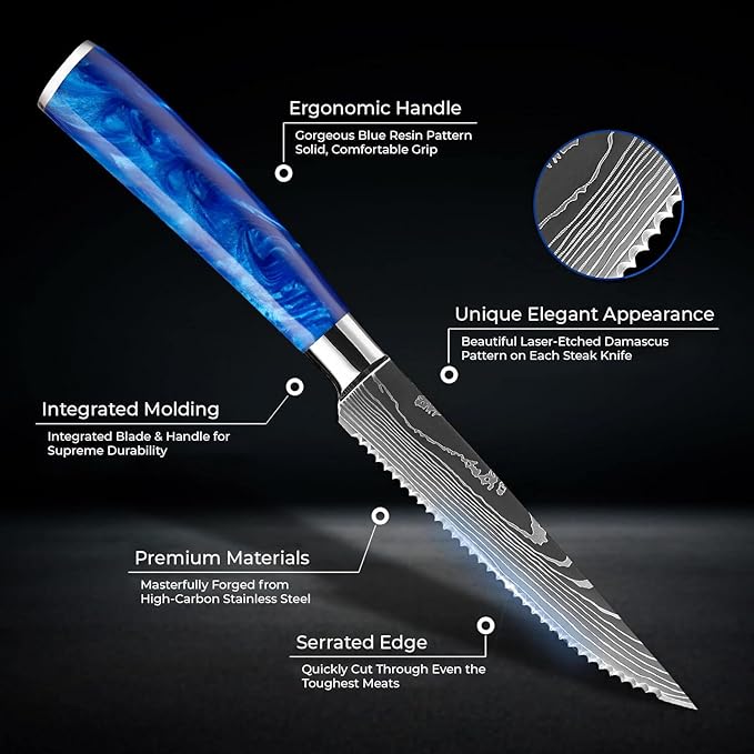 SENKEN Professional Steak Knife Set with Engraved Damascus Pattern, Razor Sharp Blade, High Carbon Stainless Steel with Beautiful Gift Box, Blue & Red Resin Handles