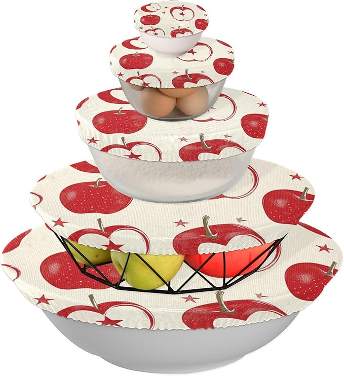5 Pcs Bowl Covers Reusable in 5 Size Elastic Food Cover Cloth Lids Fresh Keeping Dish Cookware Bakeware Fabric Covers Lids for Food Leftovers Fruits Storage Red Apple Stars