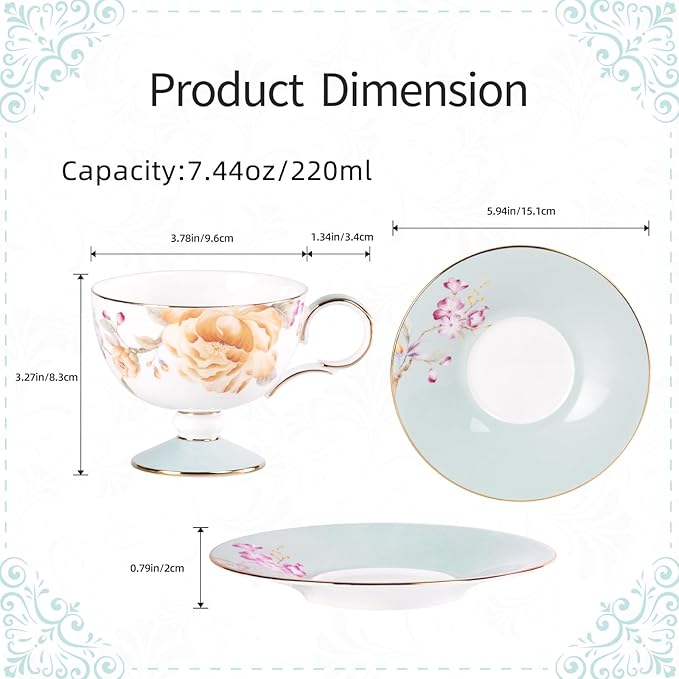 KAMMAK Ceramic Tea Cup and Saucer Set with Gold Trim, Yellow Peony Floral Pattern, Elegant Bone China Coffee Cup with Light Blue Saucer for Afternoon Tea, Gift for Women