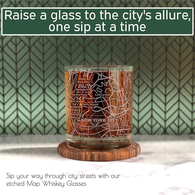 Greenline Goods Whiskey Glasses - 10 Oz Tumbler Gift Set for New York City lovers, Etched with New York City Map | Old Fashioned Rocks Glass - Set of 2
