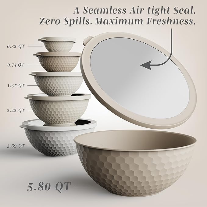 COOK WITH COLOR Mixing Bowls with Lids - 12 Piece Plastic Nesting Bowls Set includes 6 Prep Bowls and 6 Lids, Non Slip Bottom and Embossed Design - Microwave Safe (Brown)