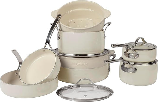 Bloomhouse 12 Piece Aluminum Pots and Pans Cookware Set w/Non-toxic Ceramic Non-stick, Ceramic Steamer Insert, & 12 Protective Care Bags - Oat White
