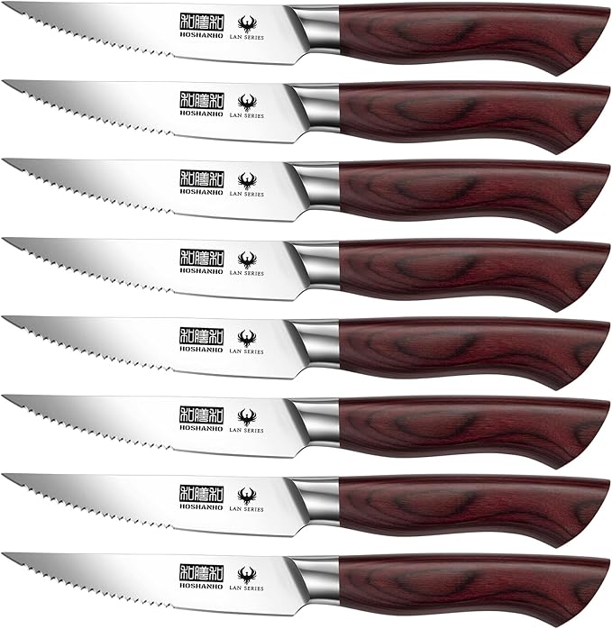 Steak Knife Set 8 Pieces, 4.5 Inch Super Sharp High Carbon Stainless Steel Steak Knife Set, Professional Premium Serrated Precise Cutting with Ergonomic Wood Handle
