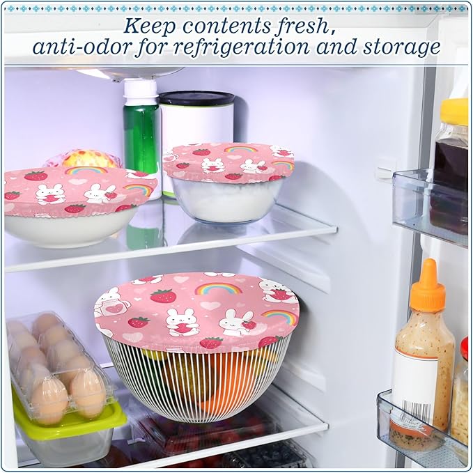 5 Pcs Bowl Covers Reusable in 5 Size Elastic Food Cover Cloth Lids Fresh Keeping Dish Cookware Bakeware Fabric Covers Lids for Food Leftovers Fruits Storage Cute Strawberry Rainbow Rabbit