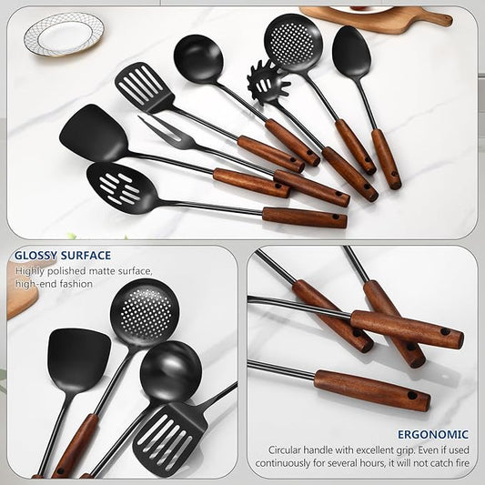 304 Stainless Steel Kitchen Utensils Set, 8 Pcs Long Cooking Utensils Set with Wooden Handle, Large Heat Resistant Kitchen Tools(Black, Dishwasher Safe)