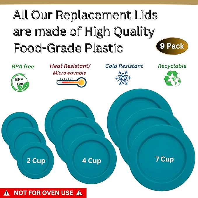 2, 4 & 7 Cup Turquoise Replacement Lids/Covers for Pyrex, Anchor Hocking & KlareWare Storage Bowls *Lids Only Glass Container Not Included* (9 Pack *Three of Each Size*)