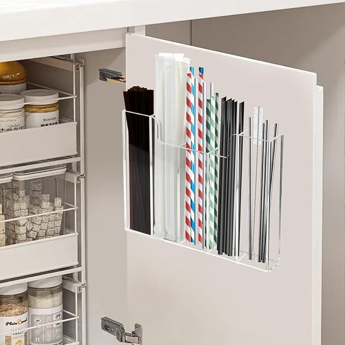 Weiai Acrylic Straw Organizer Holder for Counter Cabinet, 5 Slot Straw Dispenser with 2 Installation Methods for Kitchen Café Bar, Clear