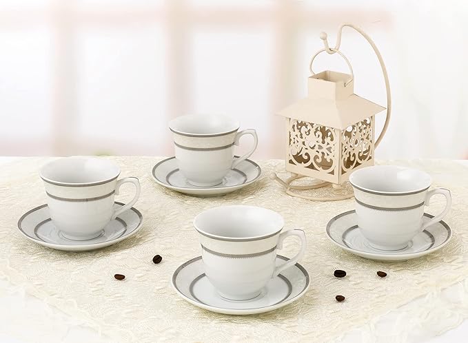 World Gifts Elegant Durable and Colorful Porcelain Tea-Coffee Cups and Saucers Set - Silver, 8 oz. Set of 4