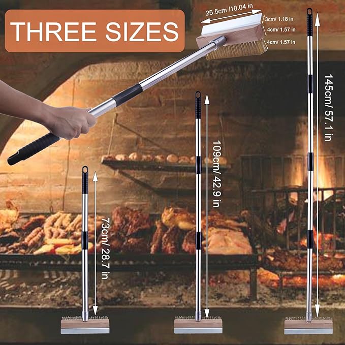 Aluminum Pizza Oven Brush, Grill Brush, Wire Brushes, with Scraper and 4 Sections of Detachable Long Rod Design for Commercial Cleaning, Kitchens, Restaurants, BBQ Shelf Or Any Grill