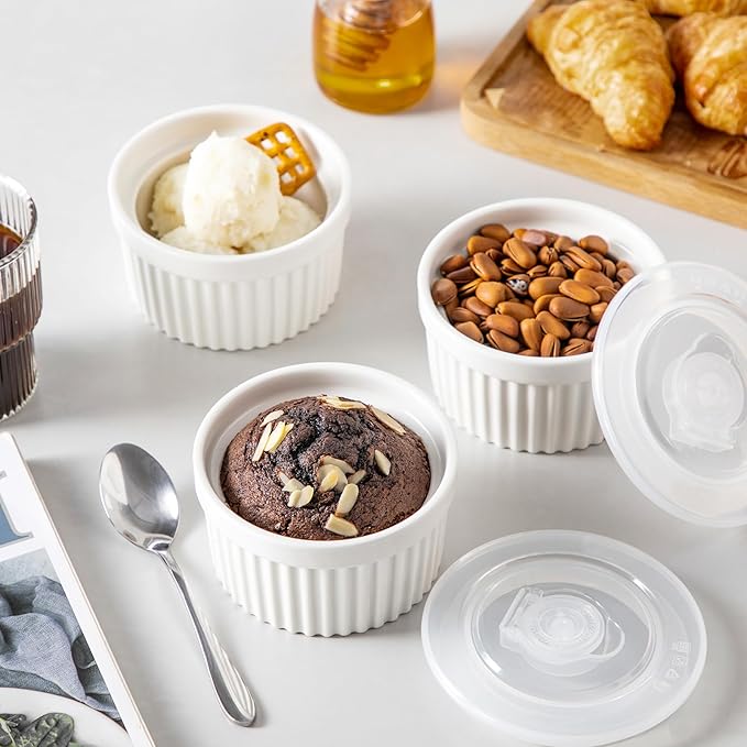 vancasso 8 oz Ramekins with Lid, Porcelain Creme Brulee Souffle Dishes, White Pudding Custard Cups Ramiken for Baking, Dishwasher and Oven Safe, Set of 6