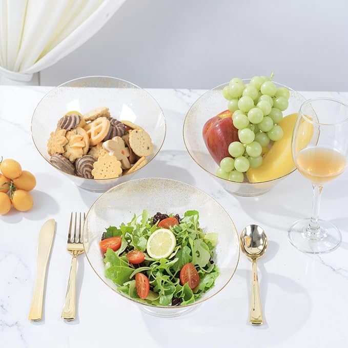 bUCLA 12 Pack Gold Glitter Plastic Serving Bowls - 20 OZ Disposable Snack, Fruit, Chip, Candy Angled Serving Bowls for Party & Thanksgiving