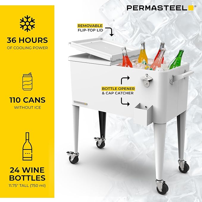 Permasteel 80 Quart Party Cooler, Rolling Ice Chest with Wheels and Handles for Indoor Outdoor Patio