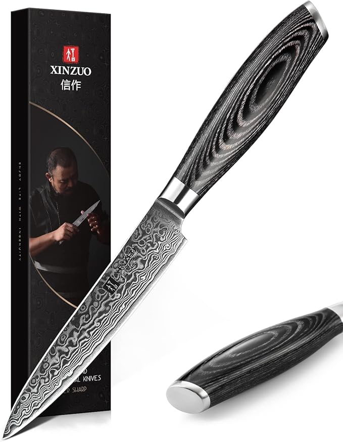 XINZUO Paring kitchen Knife, 5 Inch Super Sharp Damascus Steel Petty Knife, Fruit Knife, Pakkawood Handle, Gift Box