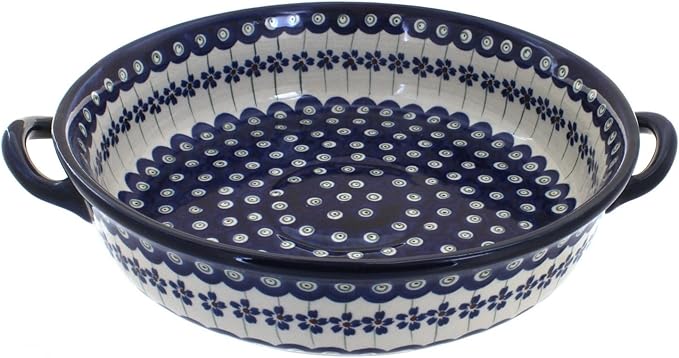 Blue Rose Polish Pottery - Blue Flowering Peacock Round Casserole with Handles - 10.25" Diameter - Unique, Dishwasher Safe, & Durable Bakeware
