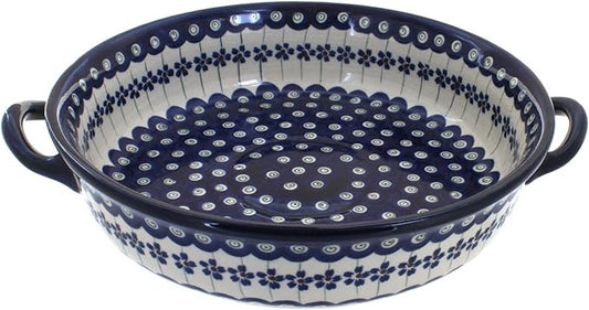 Blue Rose Polish Pottery - Blue Flowering Peacock Round Casserole with Handles - 10.25" Diameter - Unique, Dishwasher Safe, & Durable Bakeware