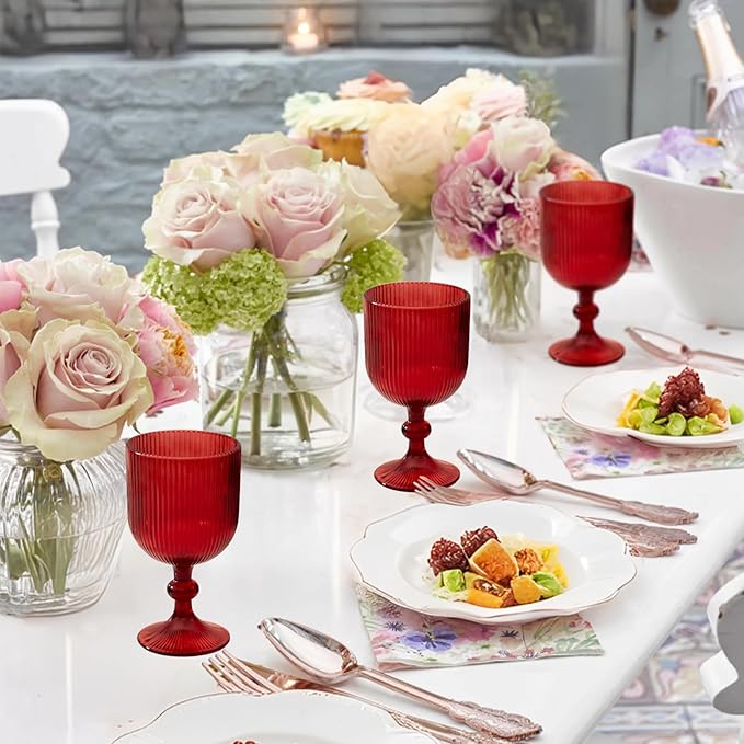 Red Vintage Wine Glasses Set of 6, 11 Ounces Colored Glass Water Goblets, Unique Embossed Pattern High Clear Stemmed Glassware Wedding Party Bar Glass Drinking Cups Fancy Glasses Hand Wash Only