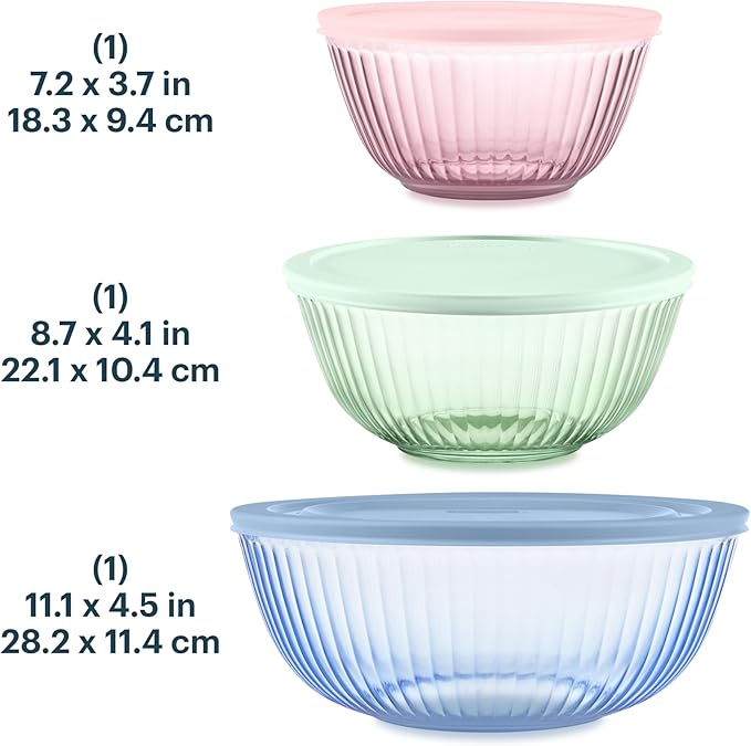 Pyrex Colors Tinted (3-Pack, Full Set) Sculpted Tinted Glass Mixing Bowls With Lids, Nesting Space Saving Set of Bowls For Prepping and Baking, 1.3QT, 2.3QT & 4.5Q, Blue