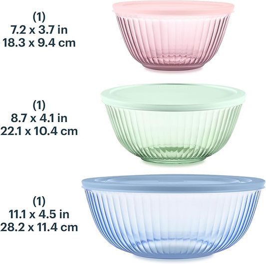 Pyrex Colors Tinted (3-Pack, Full Set) Sculpted Tinted Glass Mixing Bowls With Lids, Nesting Space Saving Set of Bowls For Prepping and Baking, 1.3QT, 2.3QT & 4.5Q, Blue