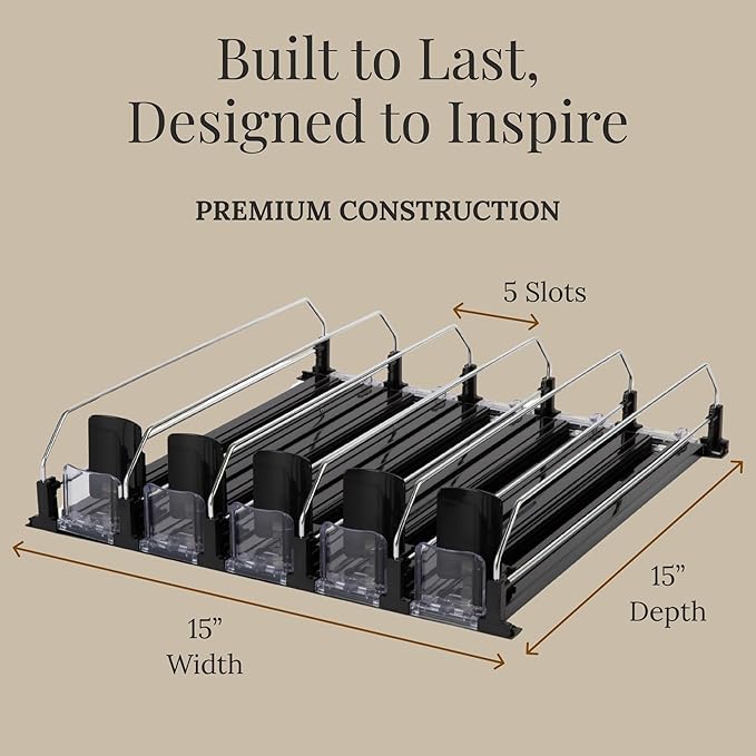 5-Piece Drink Organizer for Fridge – Spring-Loaded Rolling Can & Bottle Holder – Kitchen Storage for Soda, Water, Baby Bottles – Sliding Beverage Dispenser (Black)