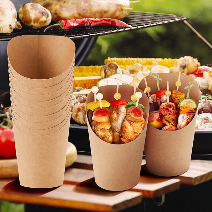 60pcs Individual 14oz Disposable Charcuterie Cups with Sticks,300pcs Cocktail Skewers,60 Portable Bags, Brown Paper Appetizer Cups for French Fry, Party Supplies