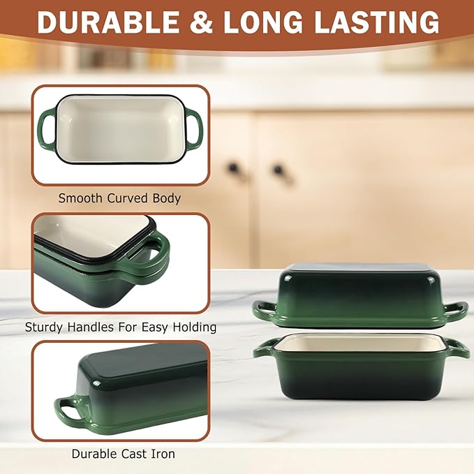 9 x 5 Inch Bread Pan Enameled Cast Iron Loaf Pan with Lid for Baking, 2 in 1 Non-stick Sourdough Bread Loaf Pan for Homemade Bread, Oven & Stovetop Safe for Gas, Electric & Induction, Green
