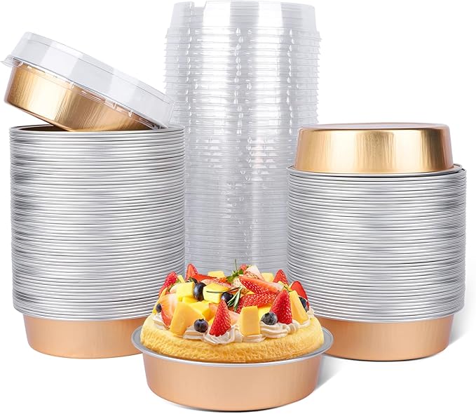 Beasea Mini Ramekins with Lids, 120 Pack 4 Inch 8oz Disposable Creme Brulee Tart Pie Tins Rose Gold Small Aluminum Foil Cake Baking Tins Pans Individual Round Containers Oven Safe for Baking