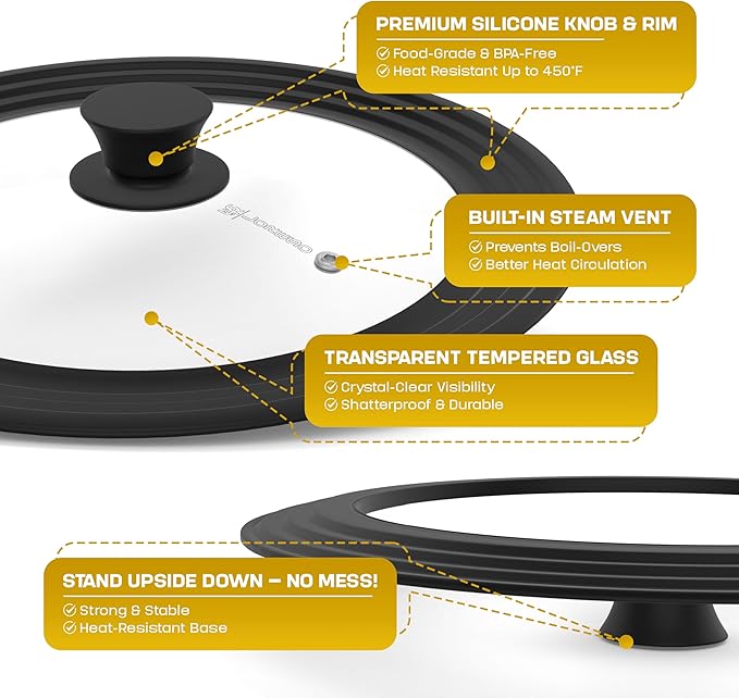 Universal Lid for Pots Pans & Skillet Size 7, 7.5, 8, 8.5, 9, 9.5,10, 10.5,11 & 11.5" Inches Cookware - Tempered Glass Lid with Silicone Rim (Two Pack - Black)