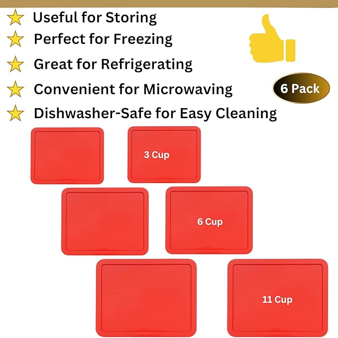 3, 6 & 11 Cup Red Replacement Lids/Covers for Pyrex, Anchor Hocking & KlareWare Storage Bowls *Lids Only Glass Container Not Included* (6 Pack *Two of Each Size*)