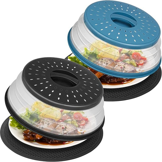 4 in 1,WENWELL 2 Microwave Splatter Cover & 2 Mat,Cooking Splash Guard with Handle,Kitchen dish bowl Plate Proof Food lid & Silicone Round mat,Home Apartment Essential