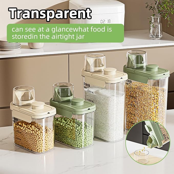Airtight Rice Storage Container,with Pour Spout & Measuring Cup, BPA-Free - Transparent Dry Food Canister for Cereal, Flour, Pet Food, Oatmeal, Pantry Storage (Cream Yellow, 2800ml)