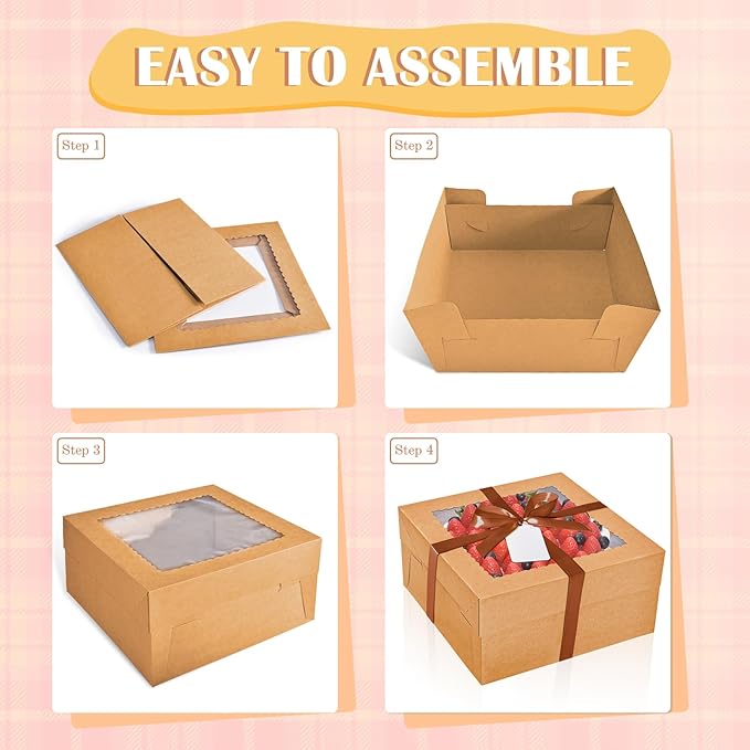 16Pcs 12x12x6 Inch Cake Boxes with Cake Boards (8Pcs Brown Cake Boxes, 8Pcs Cake Boards), Bakery Boxes with Window, Cake Carrier Container for Birthday Party, Wedding