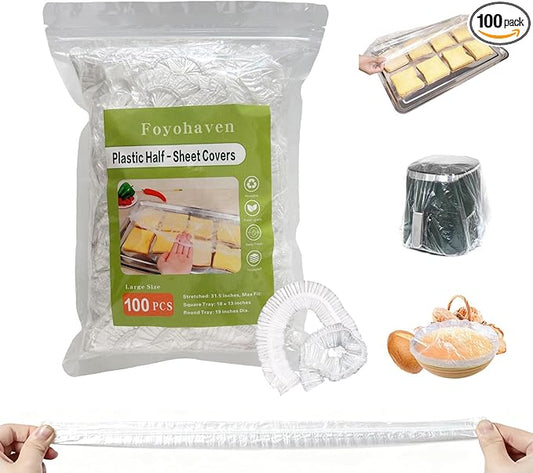100 Pcs Extra Large Elastic Reusable Plastic Covers - 13x18 In for Half Sheet Pans & 10-19 In Bowls, BPA Free Transparent Lids for Dough Proofing, Meal Prep & BBQ