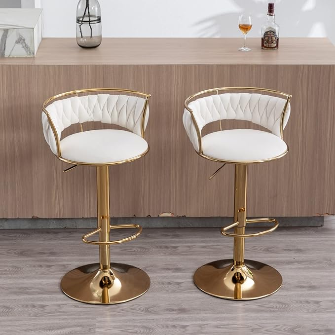 LukeAlon Modern Velvet Adjustable Barstools Set of 2, 360° Swivel Counter Stools with Golden Base Upholstered Open Back Tall Bar Chairs with Footrest for Home Pub Kitchen, White