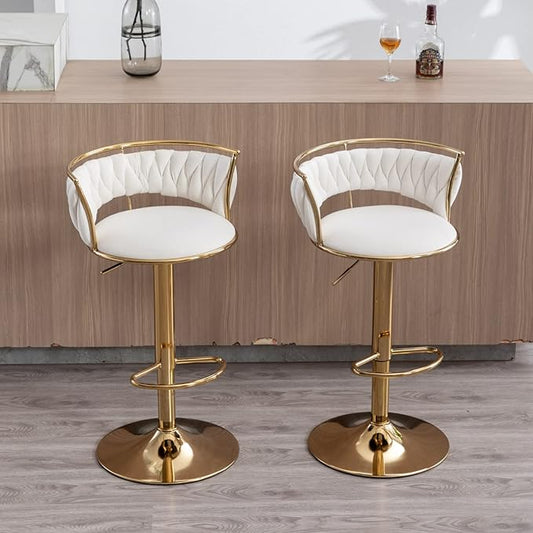 LukeAlon Modern Velvet Adjustable Barstools Set of 4, 360° Swivel Counter Stools with Golden Base Upholstered Open Back Tall Bar Chairs with Footrest for Home Pub Kitchen, White